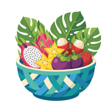This vibrant image showcases a basket filled with an array of tropical fruits, symbolizing abundance, health, and freshness, complemented by lively green foliage.