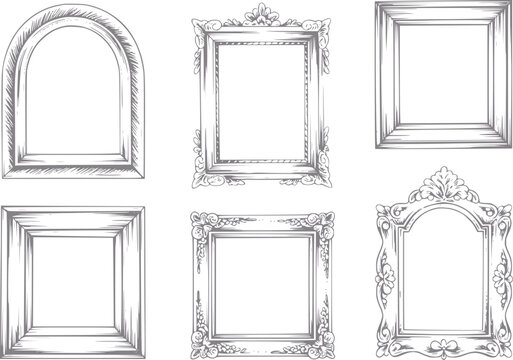 Una colecci&oacute;n de marcos decorativos de estilo vintage ilustrados en un estilo cl&aacute;sico dibujado a mano
