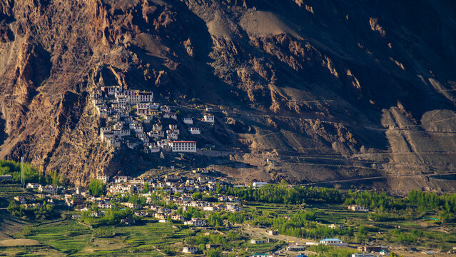 Karsha Monastery Perched on Steep Mountain Cliff Above Green Valley Fields, Largest Buddhist Gompa in Zanskar Valley Ladakh India