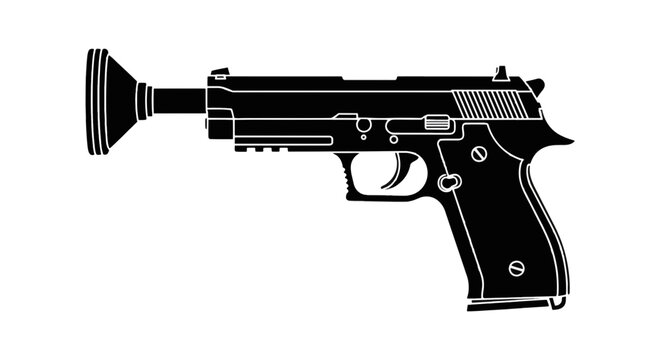 Vector illustration of silhouette of a handgun with a plunger attached to the barrel on a transparent background