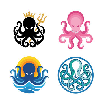 An artistic array of four octopus illustrations showcases creativity and variety in design, highlighting their unique forms and colorful representations across different styles.