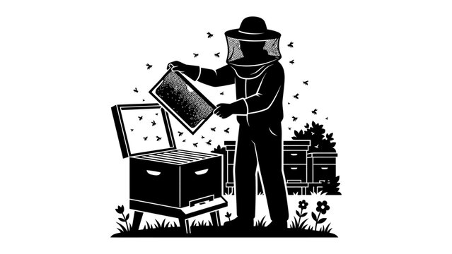 Beekeeper at Work: A silhouetted beekeeper, clad in protective gear, tends to a beehive, surrounded by flying bees and a hint of nature's bounty.