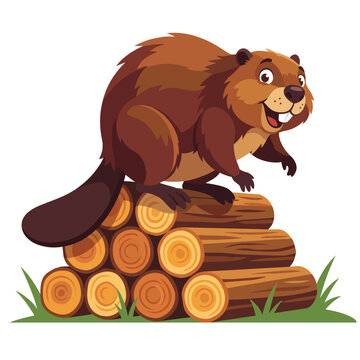 A friendly cartoon beaver is portrayed sitting on a stack of logs, representing the natural habitat, playfulness, and wildlife, ideal for educational or whimsical themes.