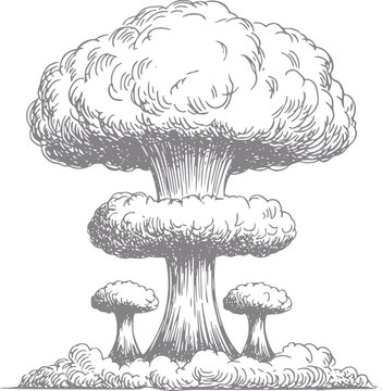 Un dibujo a mano detallado en blanco y negro de una explosi&oacute;n masiva de nube de hongo nuclear