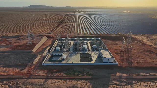 Electrical substation at sunset, high-voltage substation