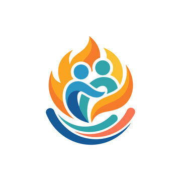 An artistic logo depicting two figures intertwined in a warm embrace surrounded by flames, symbolizing love, community support, and emotional well-being in a vibrant way.