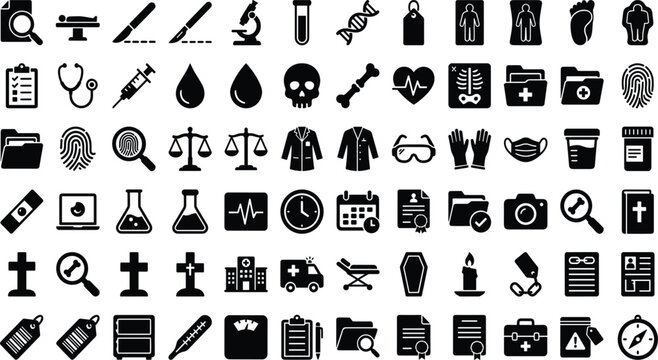 Forensic Pathology and Mortuary Science Solid Icon Set Featuring Autopsy Tables, DNA Models, Human Skulls, Fingerprints, Scalpels, and Medical Examiner Symbols