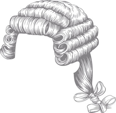 Una ilustraci&oacute;n detallada de estilo vintage de una peluca tradicional de abogado o juez brit&aacute;nico con cabello rizado y cinta