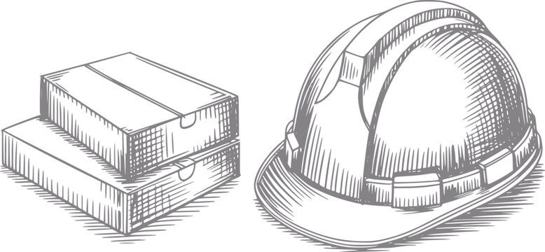 Un dibujo a mano que presenta una pila de cajas de cart&oacute;n junto a un casco protector de construcci&oacute;n