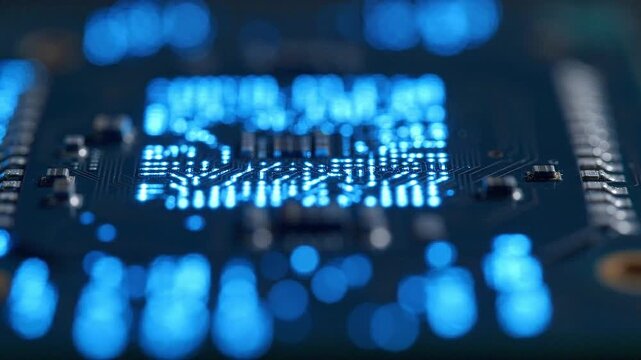 Close-up view of a printed circuit board with illuminated blue LED lights, showcasing intricate electronic pathways and components in a high-tech environment