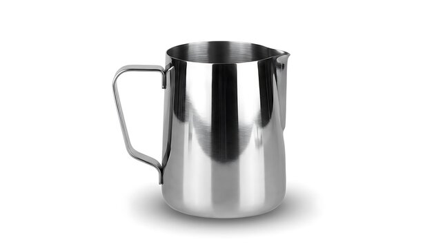 Stainless steel milk frothing pitcher on white background.
