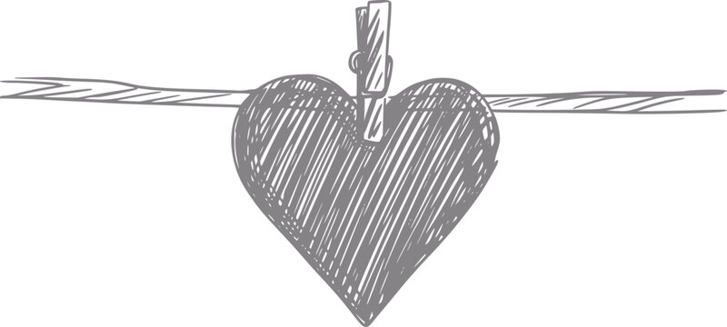 Un dibujo a mano de una forma de coraz&oacute;n colgada en un tendedero con una pinza de madera en un estilo art&iacute;stico simple