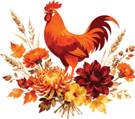 Created on Watercolor illustration features Autumnal floral arrangement with Rooster with vector art on white background © MdMasud