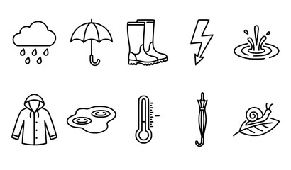 Set of simple hand drawn weather icons featuring rain clouds umbrellas rain boots lightning puddles thermometer and a snail © aliful