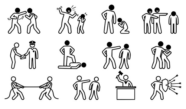 A set of stick figure icons representing various forms of social conflict bullying violence injustice and legal authority issues