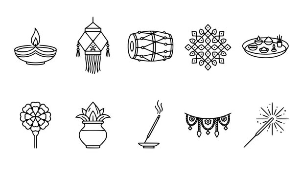 Set of hand drawn icons representing traditional indian festival elements like diyas lanterns drums rangoli and festive decorations