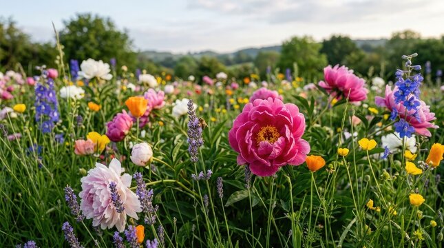 Vibrant wildflower meadow in full bloom. Colorful summer garden with pink peony and mixed florals in natural sunlight.