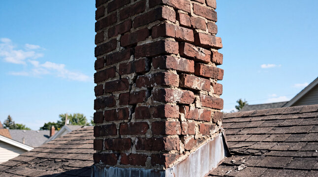 Cracked chimney mortar joints and loose bricks above a shingled roof under blue sky