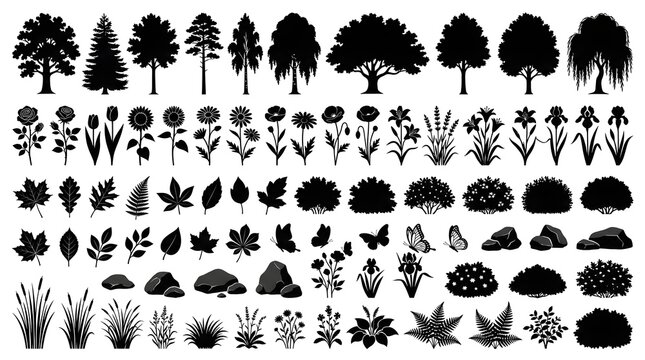 Mega Garden Nature Silhouette Collection with Trees Flowers and Foliage Vector