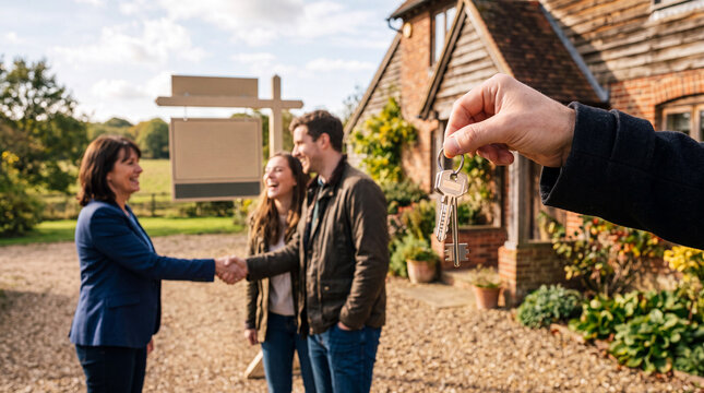 First person POV holding house keys with real estate agent shaking hands with happy young couple in blurred background. Realtor closing deal outside countryside English brick cottage.
