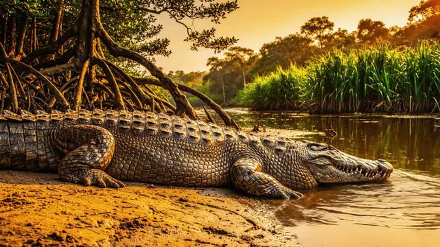 Large crocodile basking on river bank near mangrove roots during golden hour at sunset