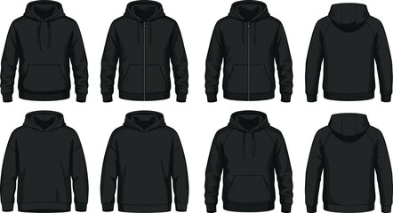 Blank Black Hoodie Mockup Vector Template Set with Pullover and Zip Up Outerwear Designs Showing Front and Back Views for Streetwear Branding Apparel Display Layouts © James walker