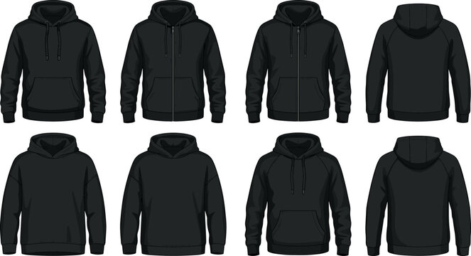 Blank Black Hoodie Mockup Vector Template Set with Pullover and Zip Up Outerwear Designs Showing Front and Back Views for Streetwear Branding Apparel Display Layouts