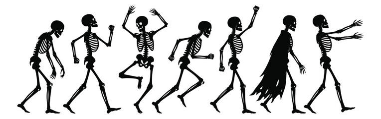 Fototapeta premium Silhouette set of 7 dancing skeletons depicting playful spooky poses for Halloween design
