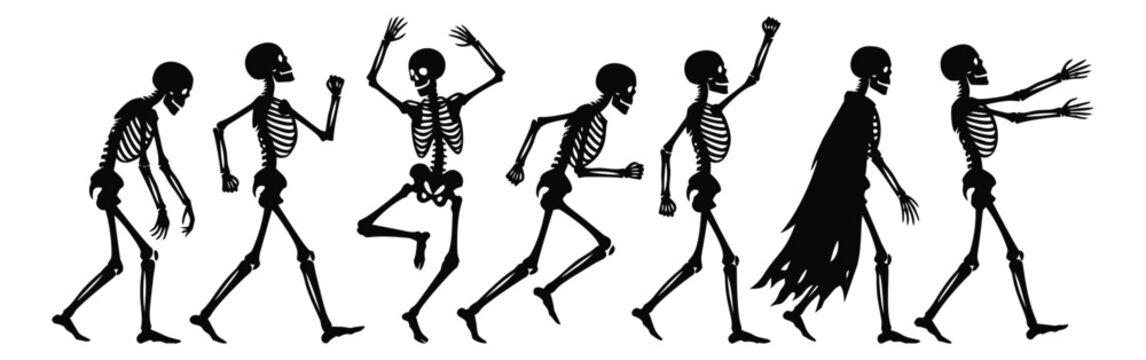 Silhouette set of 7 dancing skeletons depicting playful spooky poses for Halloween design
