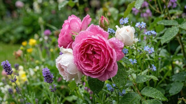 Pink rose with raindrops in full bloom. Dew-covered garden flower in soft natural light for fresh floral design.