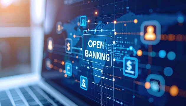 Open banking interface on laptop with global connectivity world map.