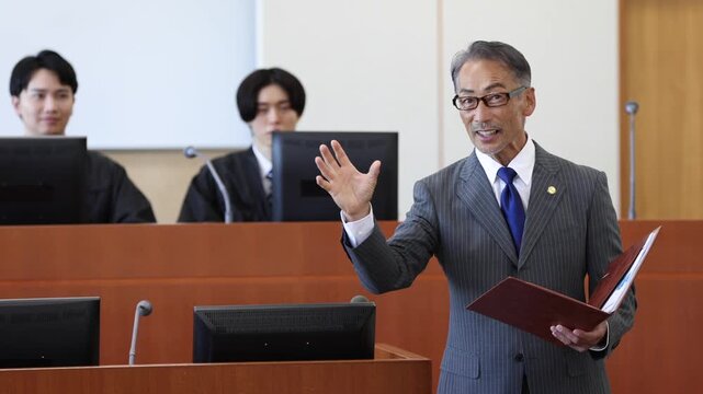 法廷で弁論を行う日本人弁護士