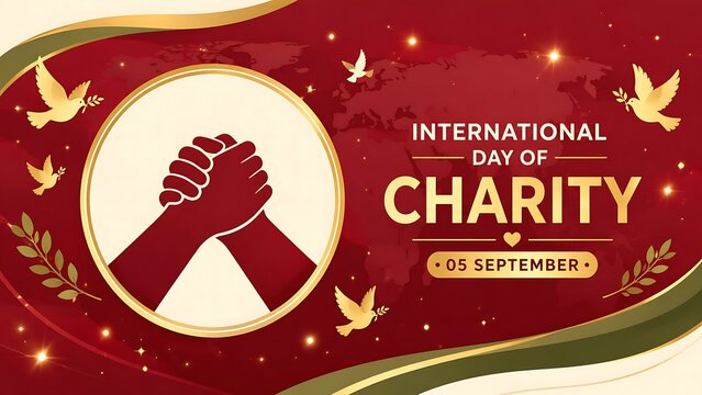 International Day of Charity vector illustration with hands and doves on a red background