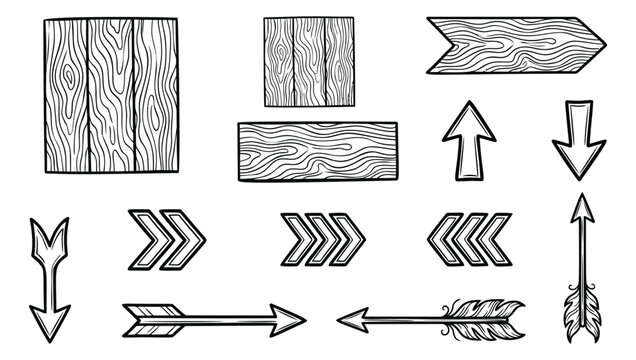 Outline icon set of 14 rustic wooden signs and arrows featuring directional planks, chevrons and feathered arrows for western design