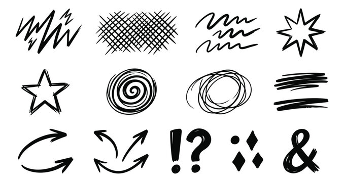 Sketch icon set of 12 hand drawn design elements featuring arrows, symbols, scribbles and emphasis marks for grunge and doodle layouts