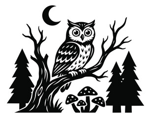 Naklejka premium Woodcut illustration of a wise owl perched on a tree branch depicting a nocturnal forest scene for nature and Halloween design
