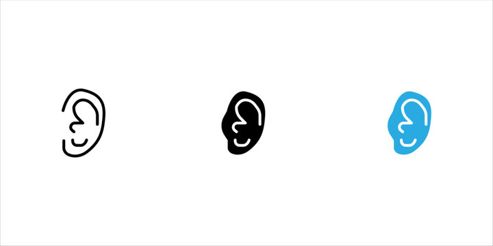 Minimalist black line icon set, of a human ear, representing hearing, auditory health, ear anatomy, listening, and medical care. Clean isolated vector-style design on a white background.