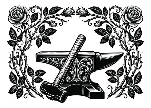 Woodcut illustration of blacksmith anvil with hammer depicting ornate floral rose border for craft and tattoo design