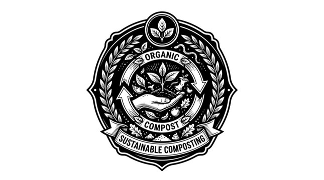 Dynamic Black and White Organic Compost Sustainable Composting Emblem with Leaf Motifs and Circular Design