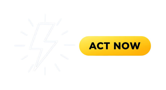 Yellow rectangular button with the text act now isolated on transparent background