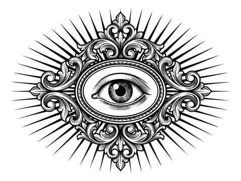 Engraving illustration of an all seeing eye depicting ornate baroque scrollwork with radiant sunburst for esoteric and mystical design