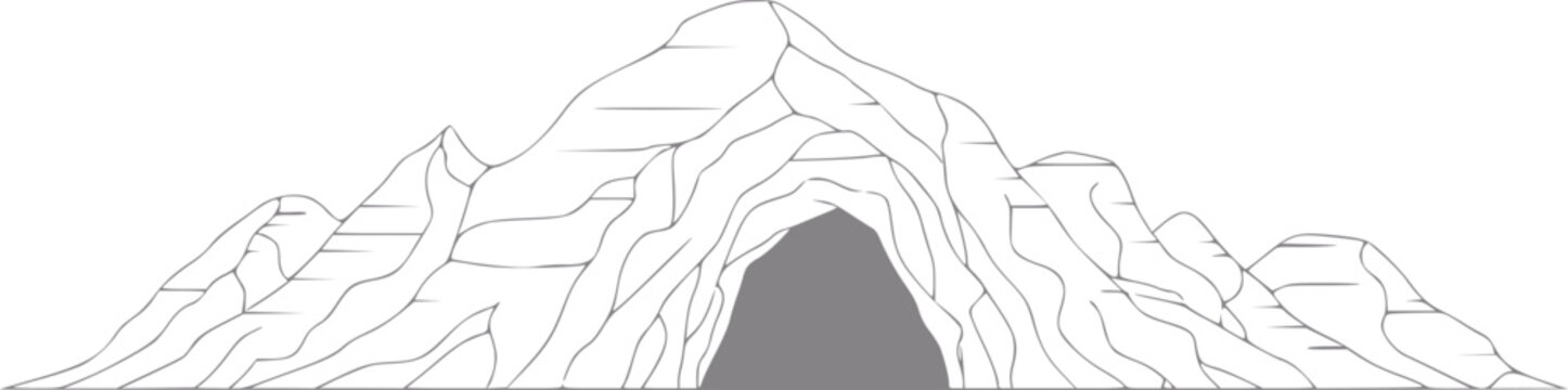 Un dibujo lineal minimalista de una cordillera que presenta la entrada a una cueva oscura sobre un fondo blanco limpio