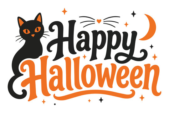 Happy Halloween typography with black cat. Festive holiday lettering for seasonal design.