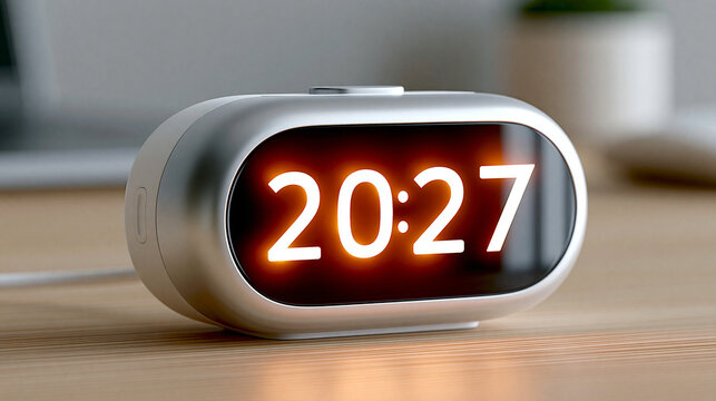 Wei&szlig;er ovaler Wecker zeigt leuchtende Zahl 2027 in orangenen Ziffern