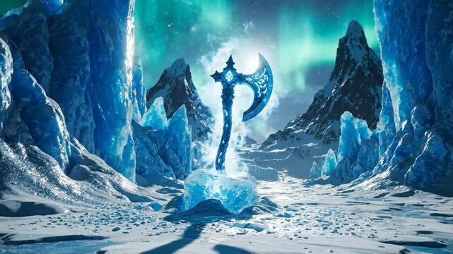 Epic Fantasy Axe Frozen in Ice with Aurora Borealis and Mountain Landscape