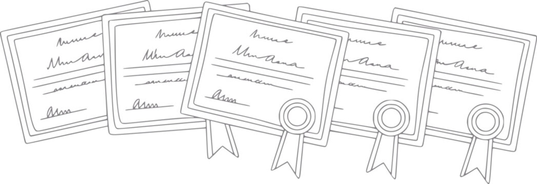Una fila de cinco certificados o diplomas estilo dibujo a mano con sellos decorativos y cintas sobre fondo blanco