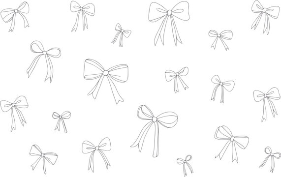 Un patr&oacute;n sin costuras de lazos de cinta estilo dibujo a mano esparcidos sobre un fondo blanco limpio para dise&ntilde;os