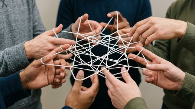 Hands Collaborating with Strings in a Concept of Teamwork and Unity
