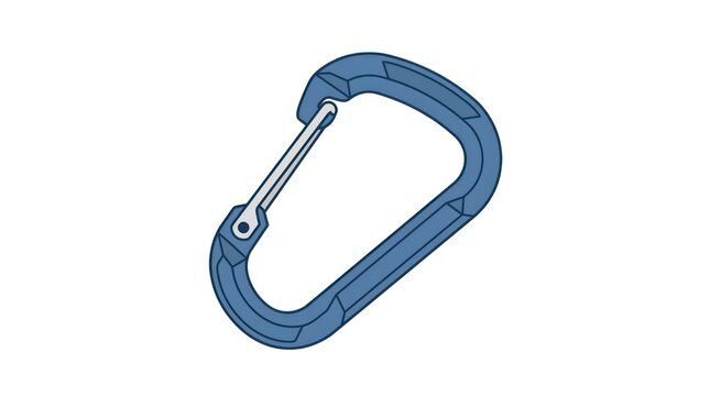 Blue carabiner clip for safety and climbing gear. Metal D-ring shackle with spring-loaded gate for secure attachment.