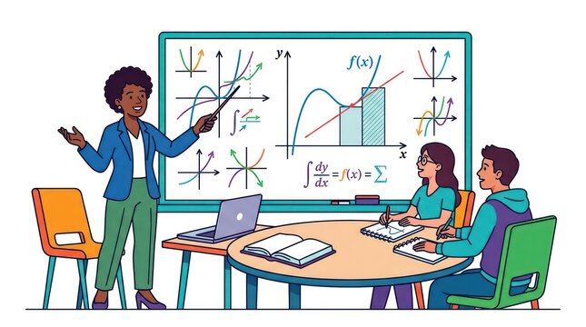 Elementary school teacher explaining calculus graphs on whiteboard. Diverse students learning math concepts with bar charts and equations.